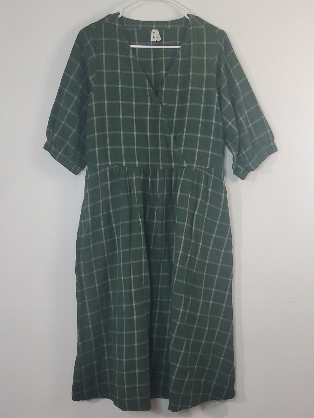 Pact Fireside Flannel Crossover Green Plaid Midi Dress Size Med Organic Fall